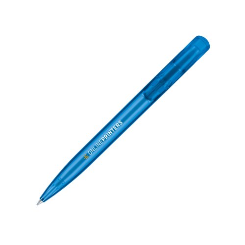 Blauwe kunststof balpen met drukmechanisme.