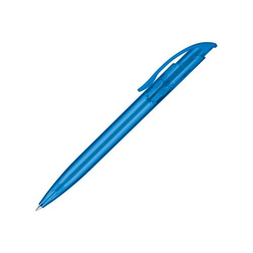 Blauwe, doorschijnende plastic balpen met clip en drukmechanisme.