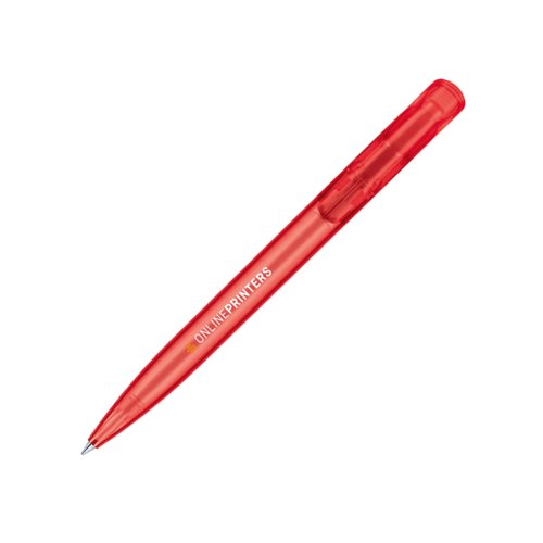 Rode, doorschijnende plastic balpen met drukknop.