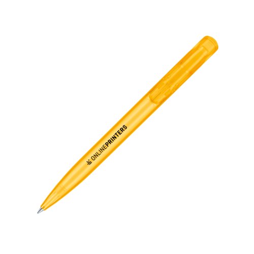 Gele plastic balpen met drukmechanisme.