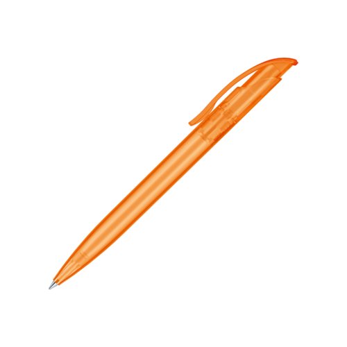 Oranje plastic balpen met clip en drukknop.