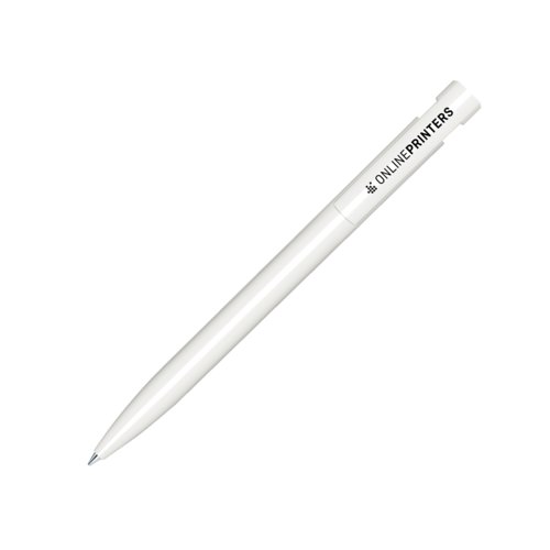 Witte plastic balpen met gepolijste afwerking en drukmechanisme.