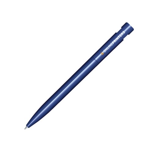 Donkerblauwe kunststof balpen met glanzende afwerking en drukknop.