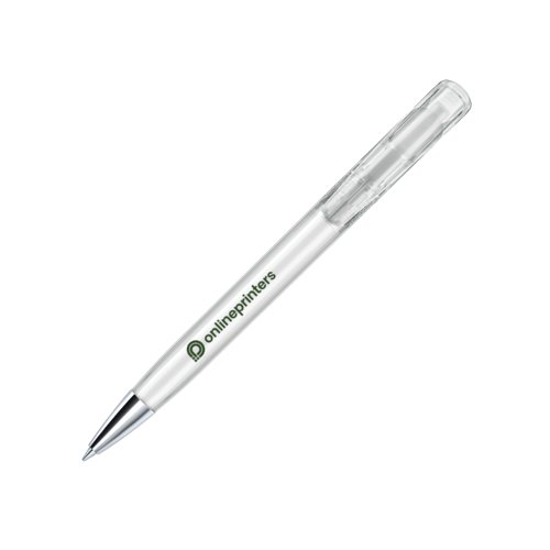 Witte plastic balpen met metalen elementen en drukmechanisme.