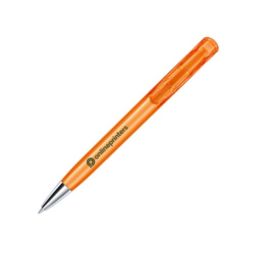 Oranje plastic balpen met metalen elementen en drukmechanisme.