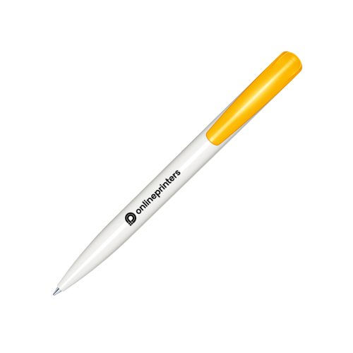 Witte plastic balpen met geel detail en drukmechanisme.