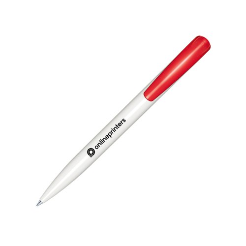 Witte plastic balpen met rode knop en clip.