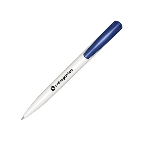 Witte plastic balpen met marineblauwe drukknop en clip.