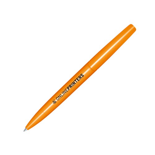 Oranje kunststof balpen met draaimechanisme.