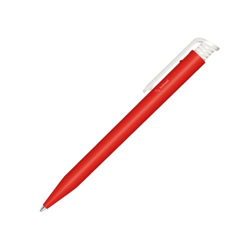 Rode en witte bioplastic balpen met clip en drukmechanisme.