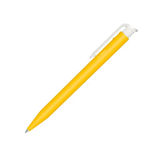 Gele bio balpen met clip en drukmechanisme.