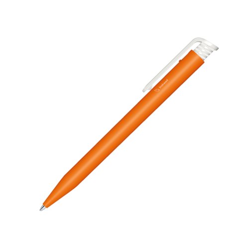Oranje bioplastic balpen met clip en drukmechanisme.
