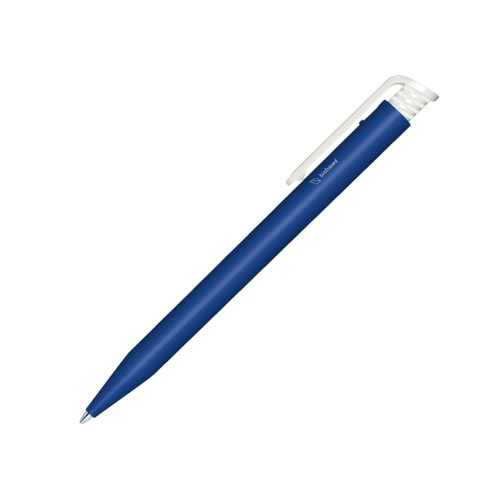 Donkerblauwe bio balpen met clip en drukmechanisme.