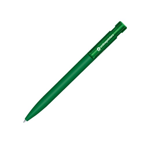Groene bio balpen met clip en drukmechanisme.