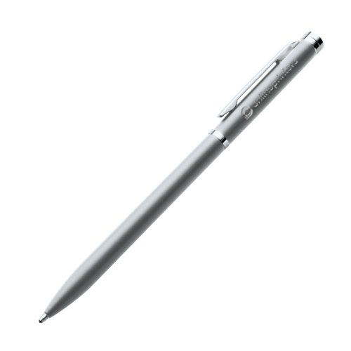 Grijze metalen balpen met clip en patroon.