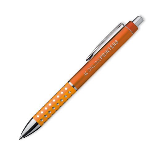 Oranje balpen met clip en drukknop.