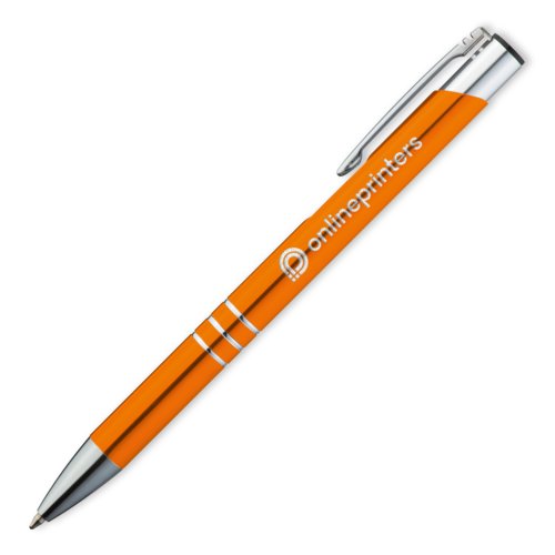 Oranje metalen balpen met clip en drukmechanisme.