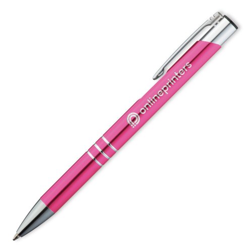 Roze metalen balpen met clip en drukmechanisme.