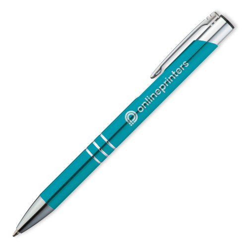 Turquoise metalen balpen met clip en drukknop.