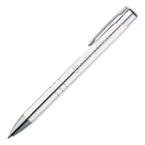 Witte metalen balpen met clip en drukmechanisme.