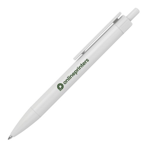 Witte balpen met clip en drukmechanisme.