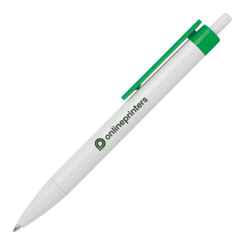 Witte plastic balpen met clip en drukmechanisme.