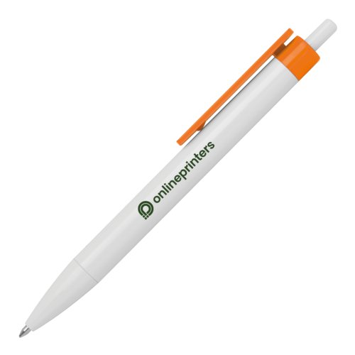 Oranje plastic balpen met clip en drukmechanisme.