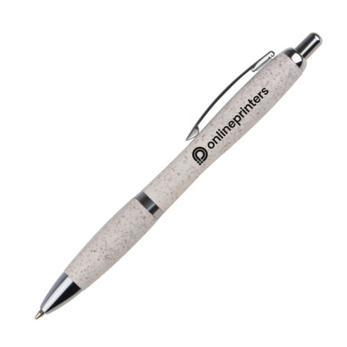 Beige tarwestro balpen met clip en drukknop.