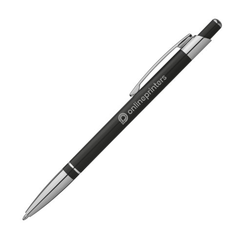 Zwarte metalen balpen met clip en drukmechanisme.