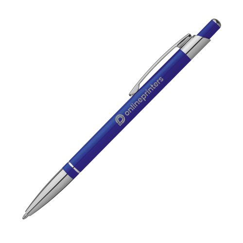 Blauwe metalen balpen met clip en drukknop.