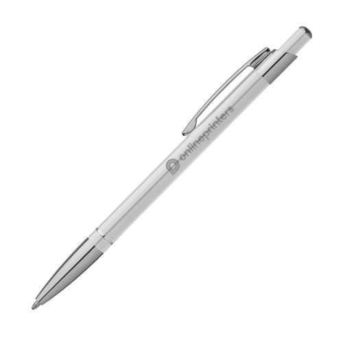 Witte metalen balpen met clip en drukmechanisme.