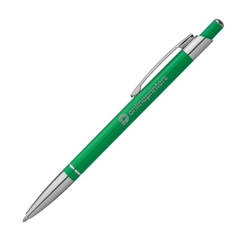 Groene metalen balpen met clip en drukmechanisme.