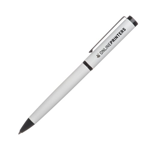 Witte metalen balpen met clip en drukknop.