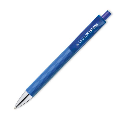 Blauwe balpen met clip en drukknopmechanisme.