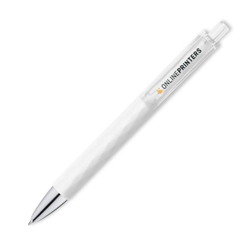Witte balpen met clip en drukmechanisme.