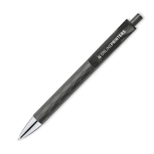 Antracietkleurige balpen met motief, clip en drukmechanisme.