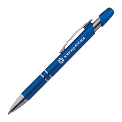 Blauwe metalen balpen met clip en drukknop.