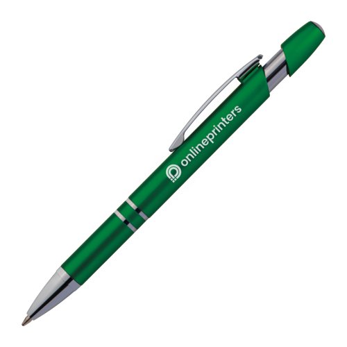 Groene metalen balpen met clip en drukknop.