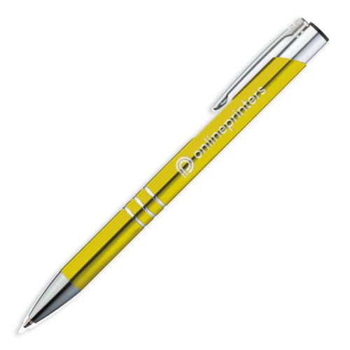 Gele metalen balpen met clip en drukknop.