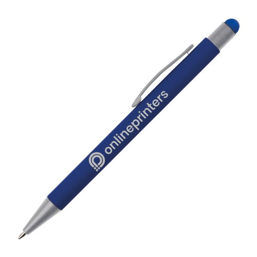 Blauwe touchpen met clip en rubberen punt.