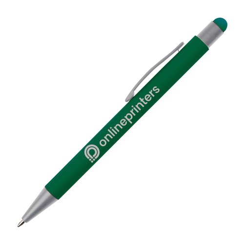 Groene touchpen balpen met clip en stylus tip.