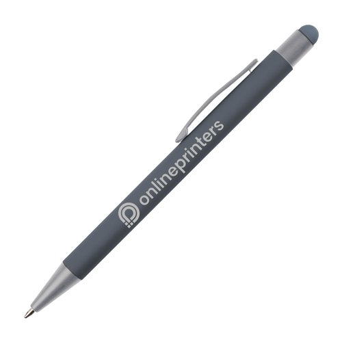 Grijze metalen balpen met touchpen en clip.