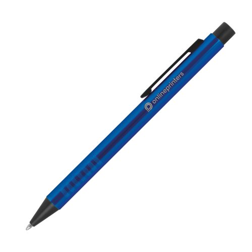 Blauwe metalen balpen met patroon, clip en drukmechanisme.