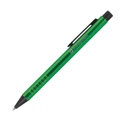Groene metalen balpen met clip en drukmechanisme.