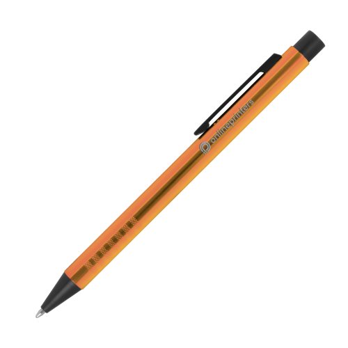 Oranje metalen balpen met patroon, clip en drukmechanisme.