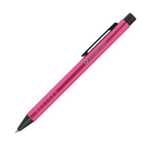 Roze metalen balpen met patroon, clip en drukmechanisme.