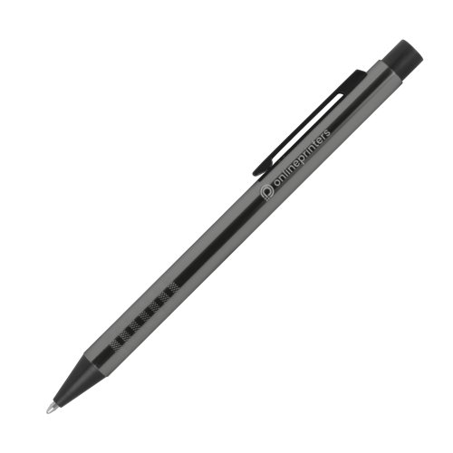 Antracietkleurige metalen balpen met patroon en clip.