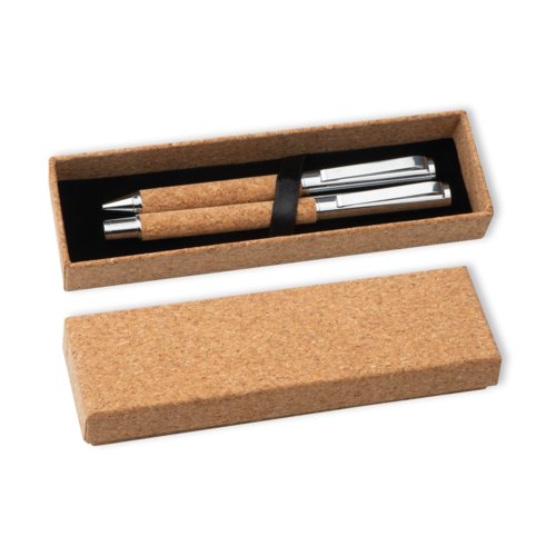 Bruine kurken schrijfset met balpen en etui.