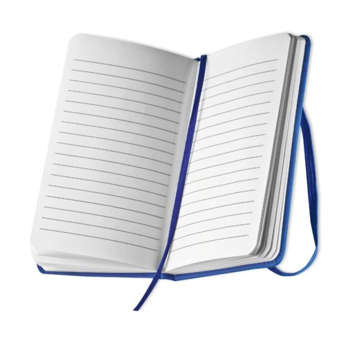 Blauw notitieboek met elastische band en lintbladwijzer.