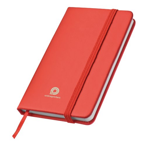 Rood notitieboek met elastische sluiting en bladwijzer.
